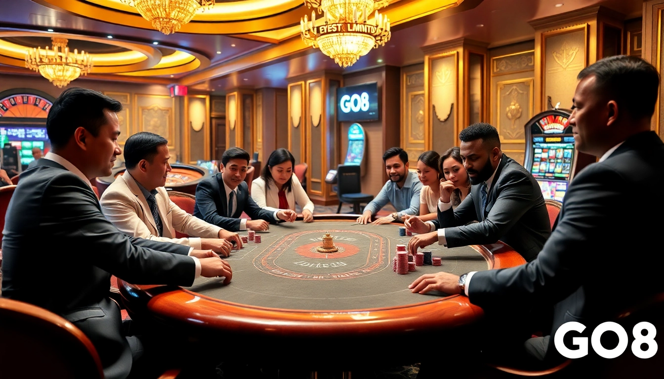 Players engaging in a high-stakes poker game in a luxurious GO8 casino setting, showcasing excitement and strategy.