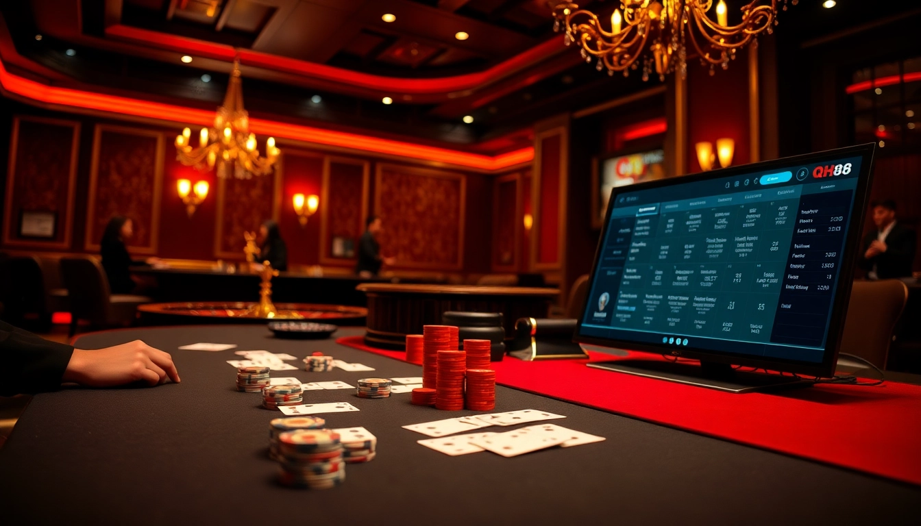 Experience the thrill of gambling at qh88 with an exciting poker table and roulette wheel scene.