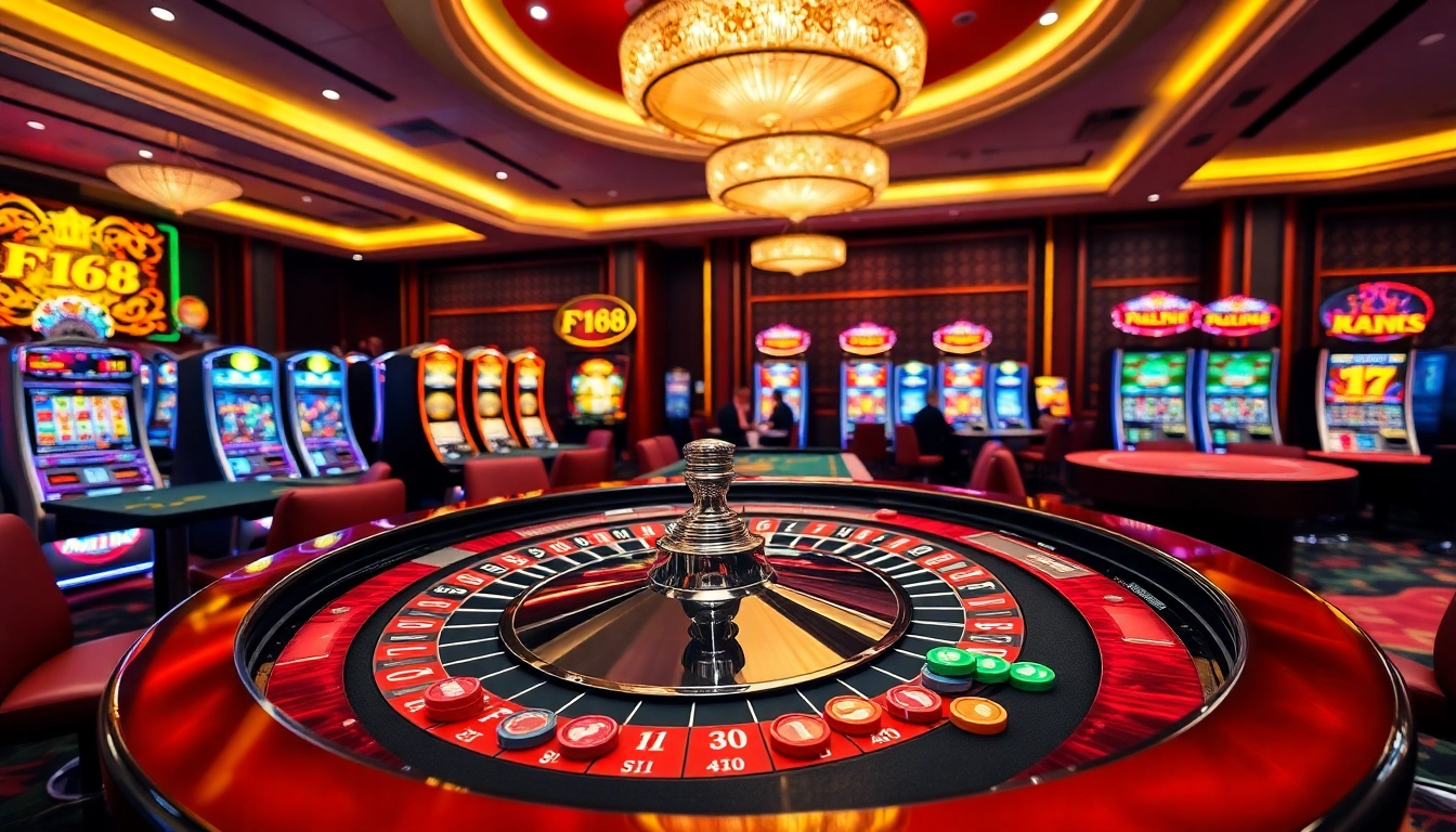 Experience the excitement at F168's lavish casino, engaging with vibrant roulette tables and players.