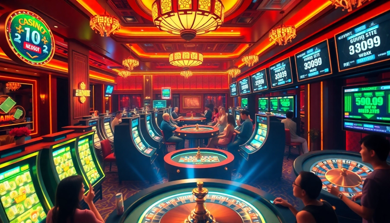 Experience the exhilaration of Hitclub nổ hũ with vibrant casino visuals featuring slot machines and poker chips.