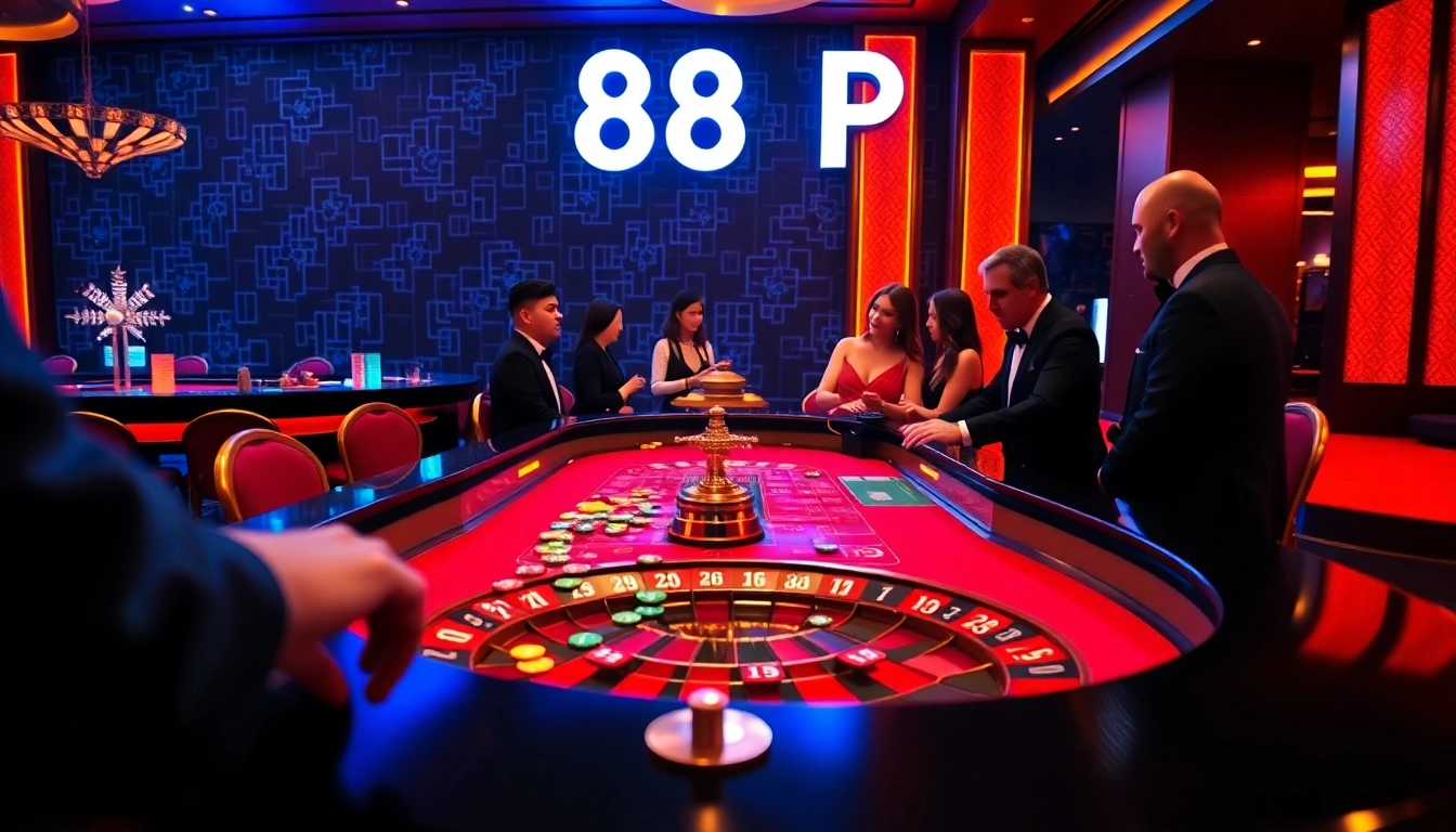 Players enjoying high-stakes games at the vibrant casino table, 888 P luck symbol visible.