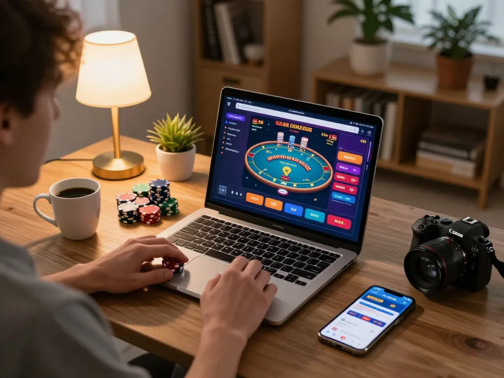 Engaging online gaming session at home with player enjoying dynamic OKFUN experience.