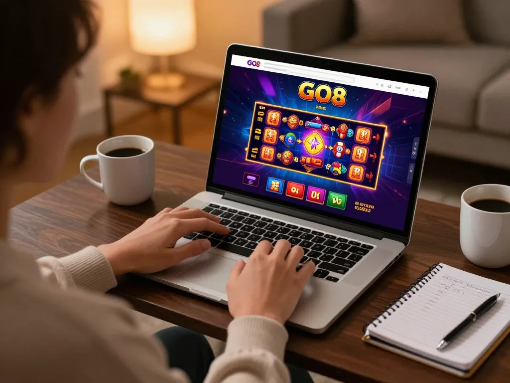 Engaging gameplay on GO8 online casino platform, showcasing interactive slots game in a cozy setting