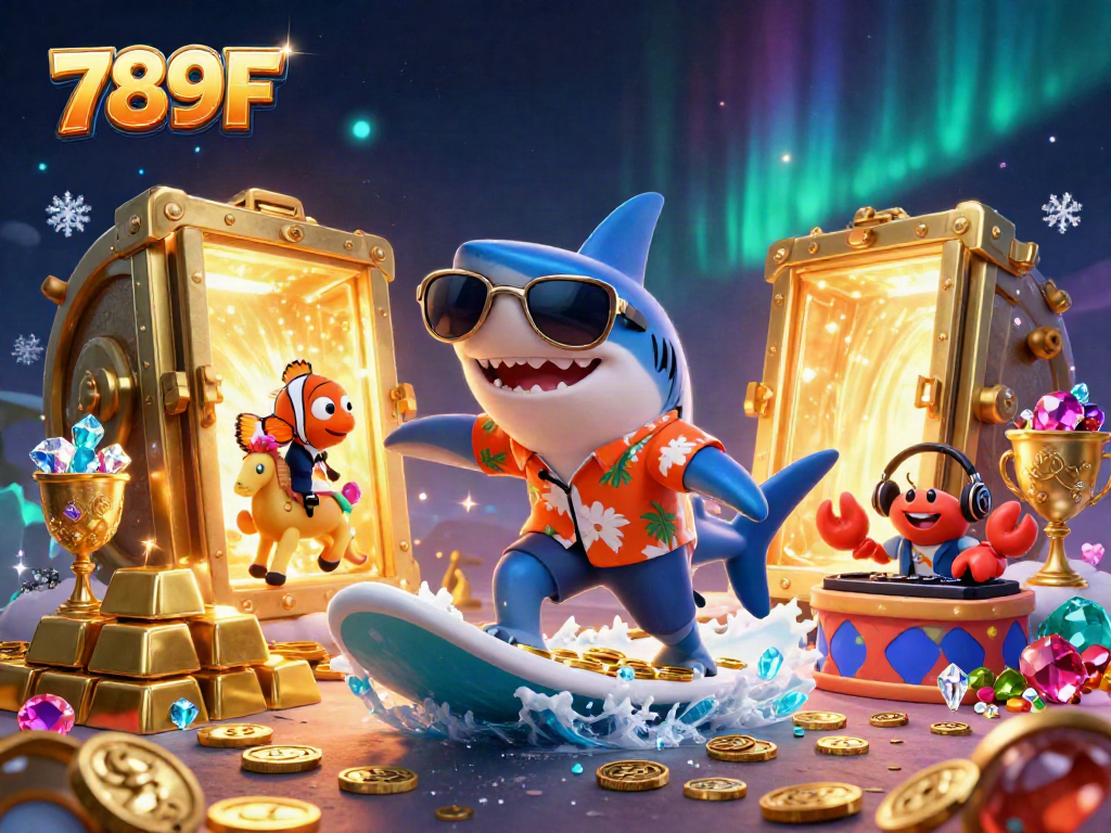 Experience the thrill of 789F with a shark surfing on gold coins and vibrant underwater elements.