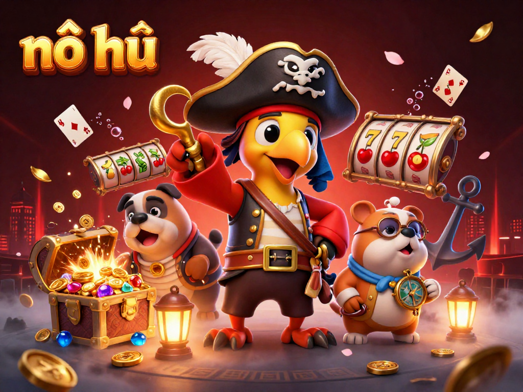 Engage in nổ hũ gaming excitement with a vibrant 3D pirate scene featuring slot reels and treasure.