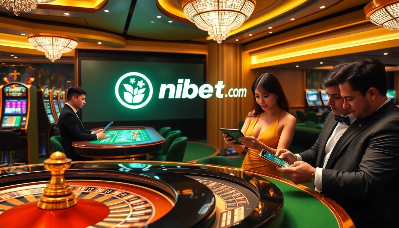 An engaging online gambling scene highlighting nbet. com with players at casino tables and vibrant slot machines.