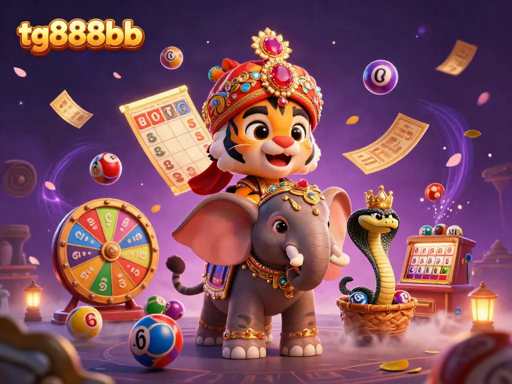 Experience excitement at tg888bb with a vibrant 3D illustration of a tiger, elephant, and energetic game elements.