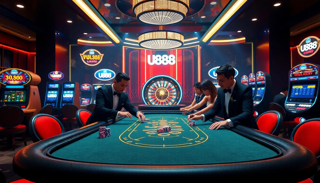 Players enjoying an exciting U888 casino table game, showcasing vibrant elements of gambling.