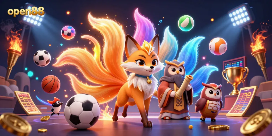 Experience excitement at open88 with vibrant, colorful characters surrounding thrilling sports betting elements.