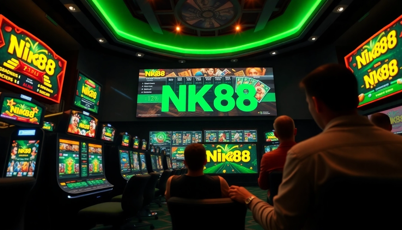 Engaging scene showcasing NK88 online gambling interface with vibrant games and players, emphasizing excitement and trust.