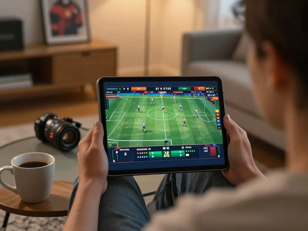 Socolive sports betting experience with live matches displayed on a tablet, engaging atmosphere
