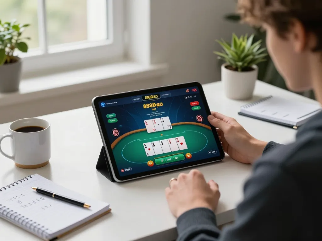 Player engaging with 888bgo tablet interface during online poker session at home.