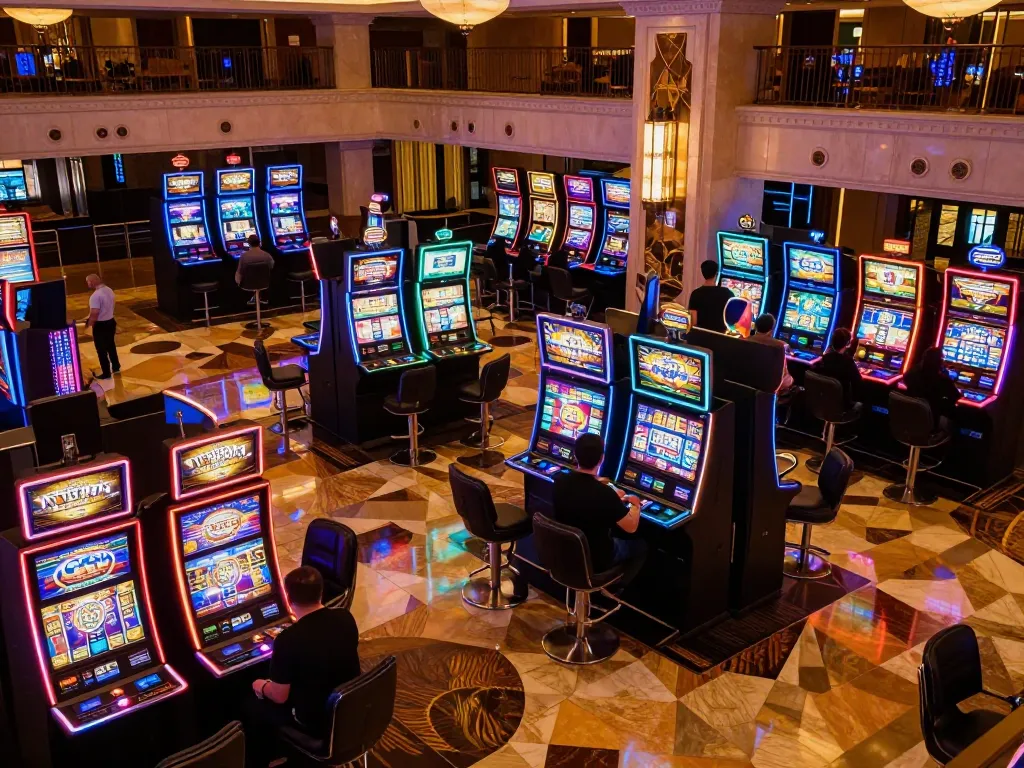 Players engaging with vibrant slot machines at LLWIN casino, showcasing a lively gaming atmosphere.