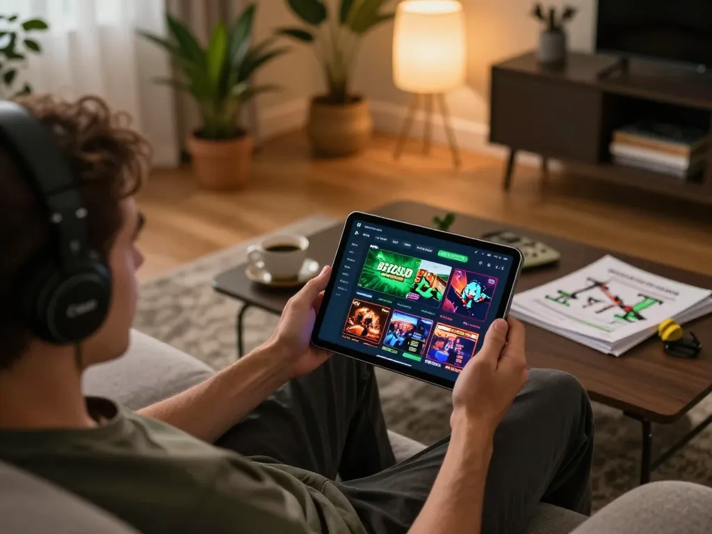 B52club user strategizing next move while playing online casino games on tablet at home