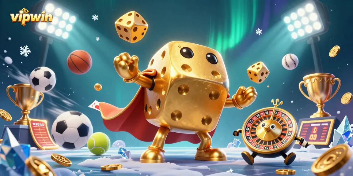 Experience thrilling gaming at vipwin with a captivating illustration of a dice golem and dynamic sports elements.