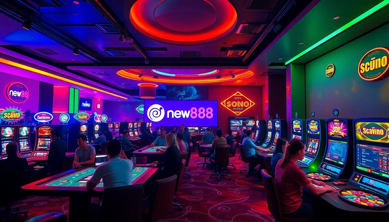 Dynamic online casino scene featuring players, vibrant colors, and the new888 logo.