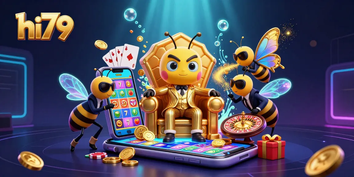 Join the excitement at hi79 with colorful slot game reels, golden coins, and dynamic characters in a vibrant casino setting.