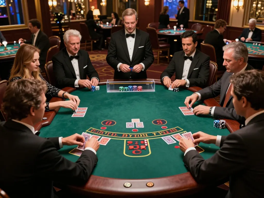 hitclub players strategizing during a live baccarat game in an upscale casino atmosphere