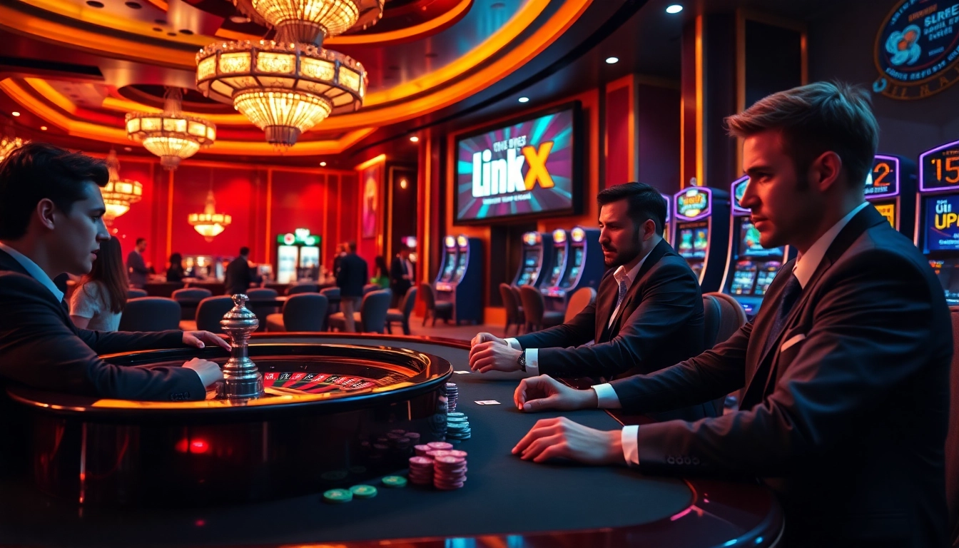 Experience excitement at the casino with link 8XX, showcasing players at poker tables amidst colorful chips and games.
