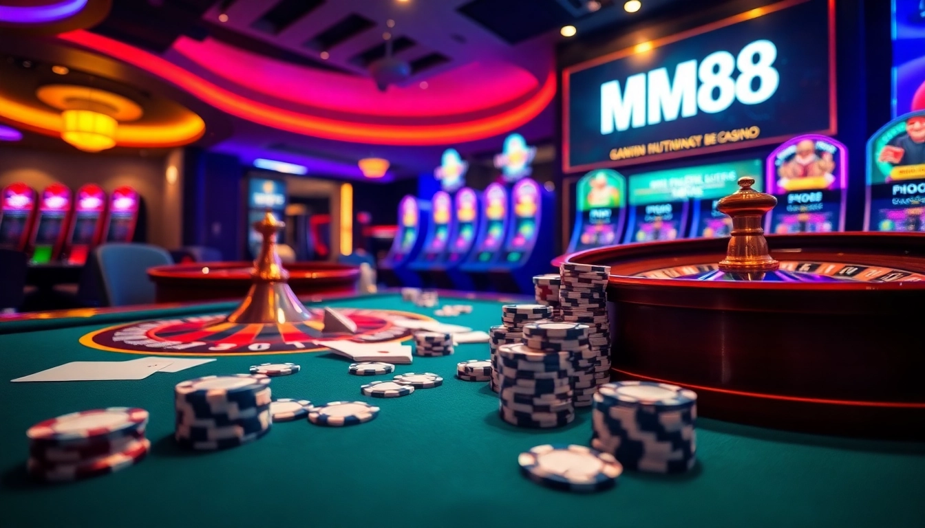 Engaging casino scene with poker chips and MM88 gambling elements for high-stakes excitement.