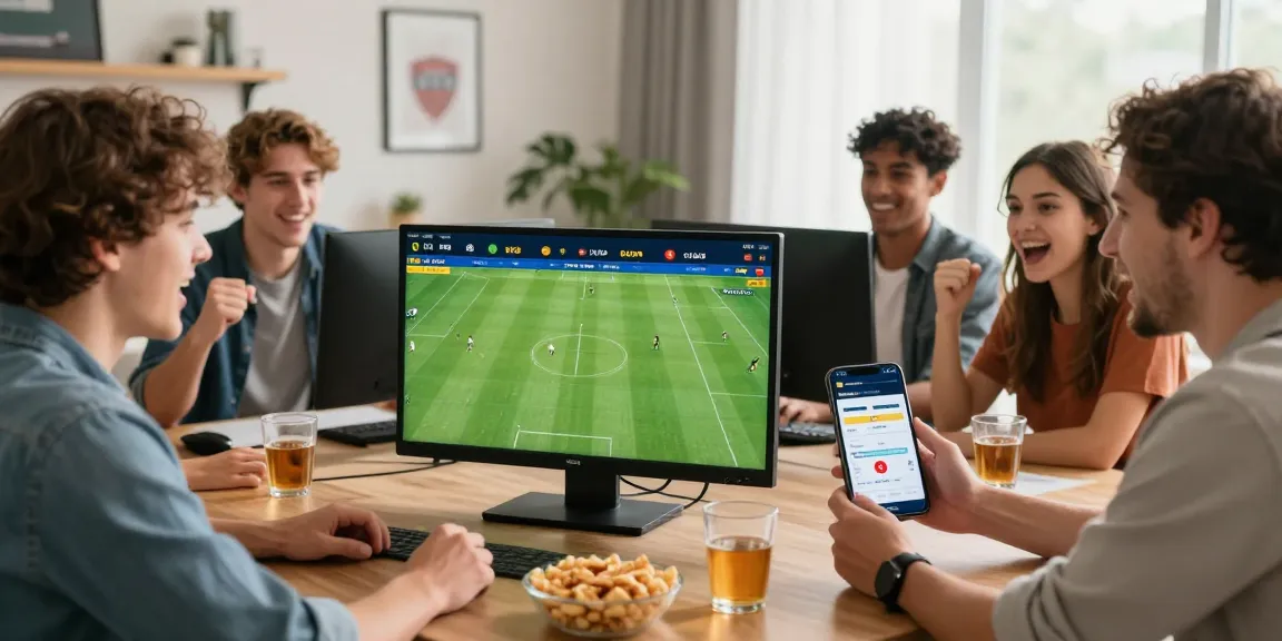 Friends enjoying sports betting with 11bet.com in a lively living room.