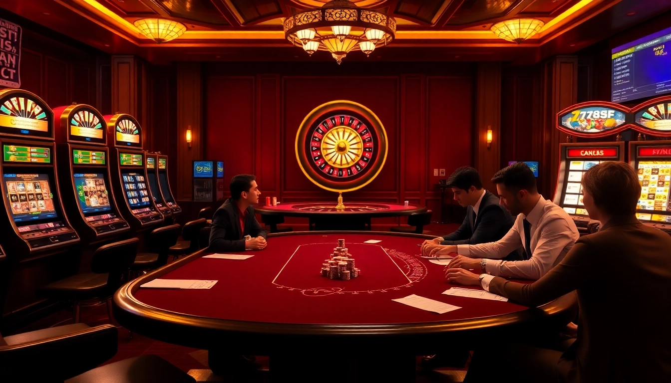 Casino atmosphere with poker and slots, emphasizing 789F online gambling experience.