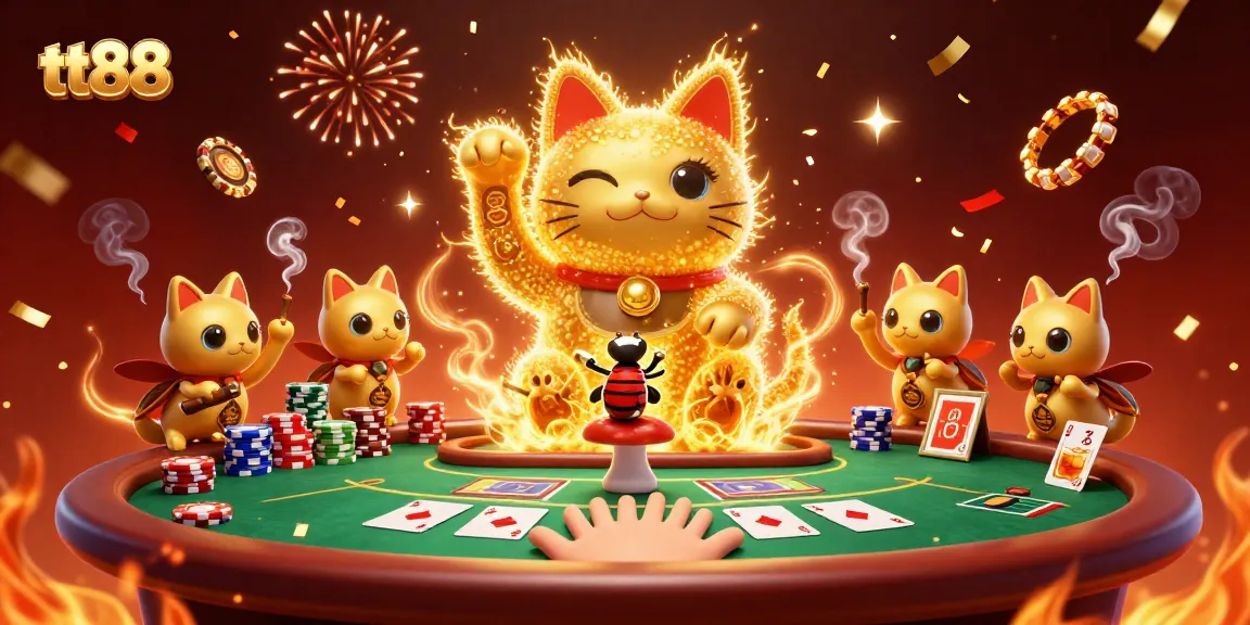 Play and win big at tt88 with a magical 3D lucky cat in a vibrant casino scene filled with poker chips and cards.