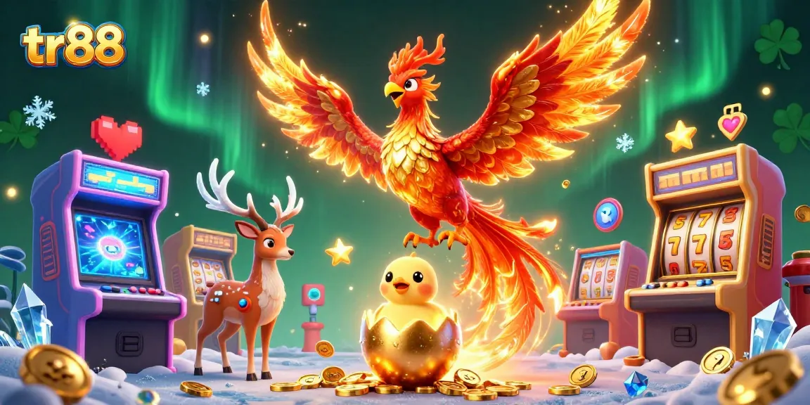 Engage in exciting gameplay at tr88 with a vibrant 3D illustration showcasing a phoenix and colorful gaming elements.