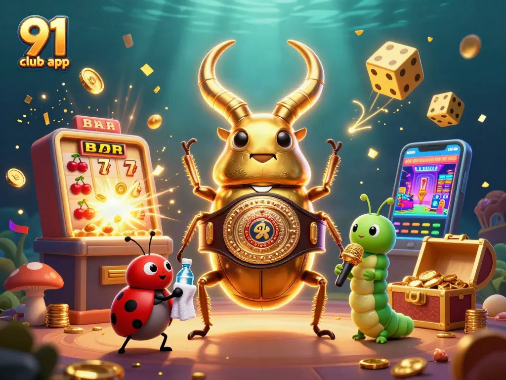 Experience gaming excitement with the 91 club app as the golden stag beetle faces off in a vibrant casino scene.