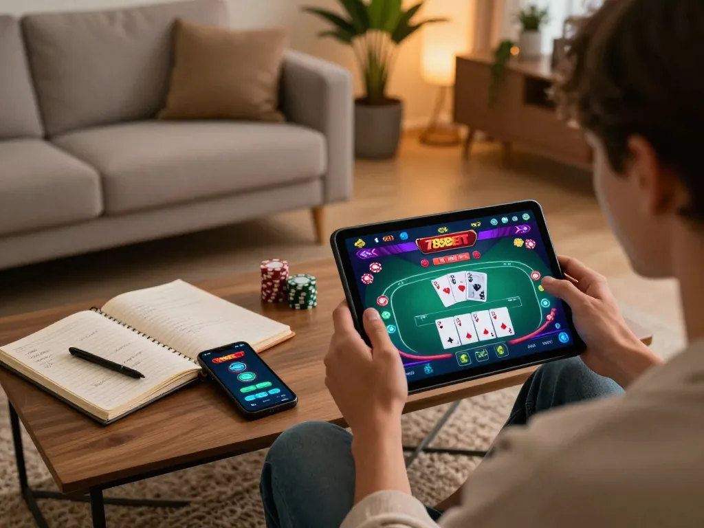 789BET player strategizing with tablet in cozy living room setting