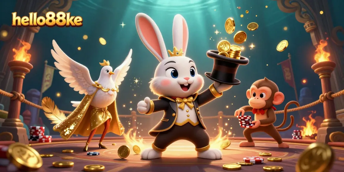 Experience the thrilling magic of the hello88ke casino with a captivating scene featuring a magician rabbit, dove, and monkey amidst sparkling coins.