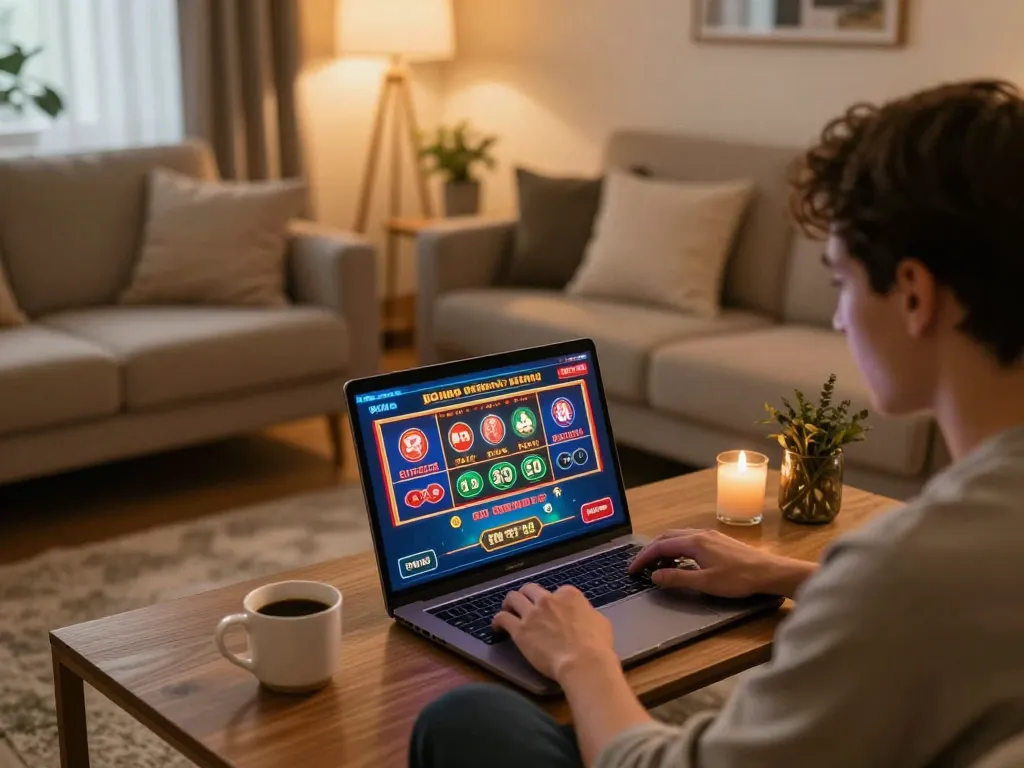 Player enjoying online casino games on a laptop, immersing in the 8day experience, showcasing a vibrant interface.