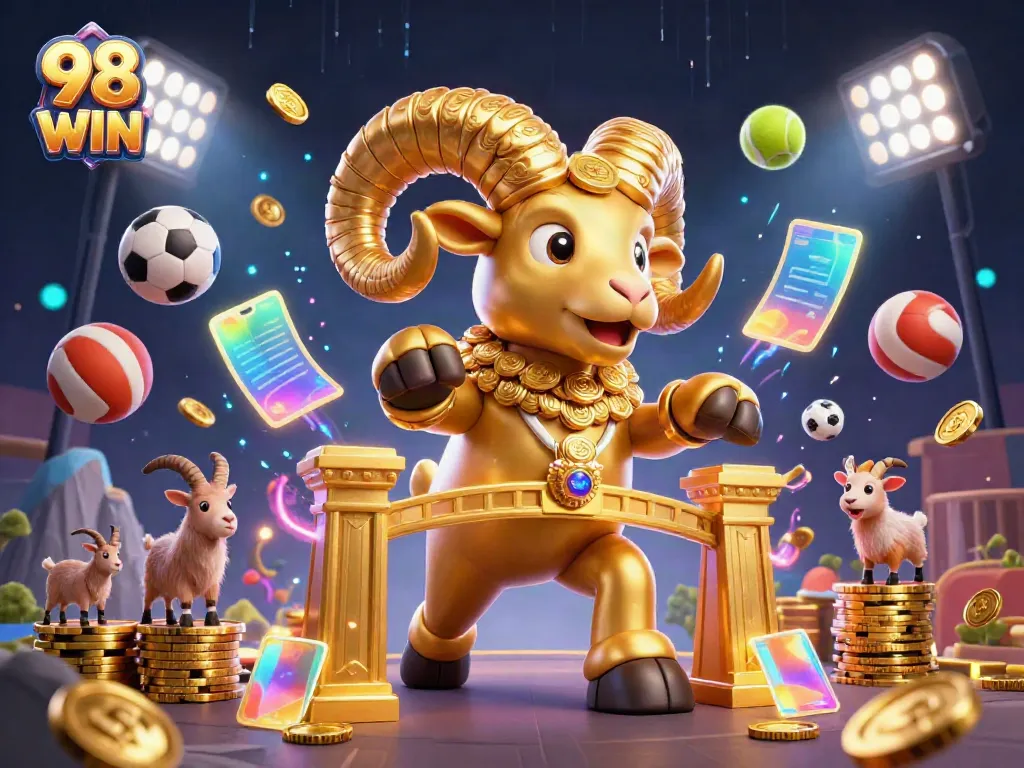 Experience the excitement of 98 WIN with golden ram charging through a dynamic sports scene.