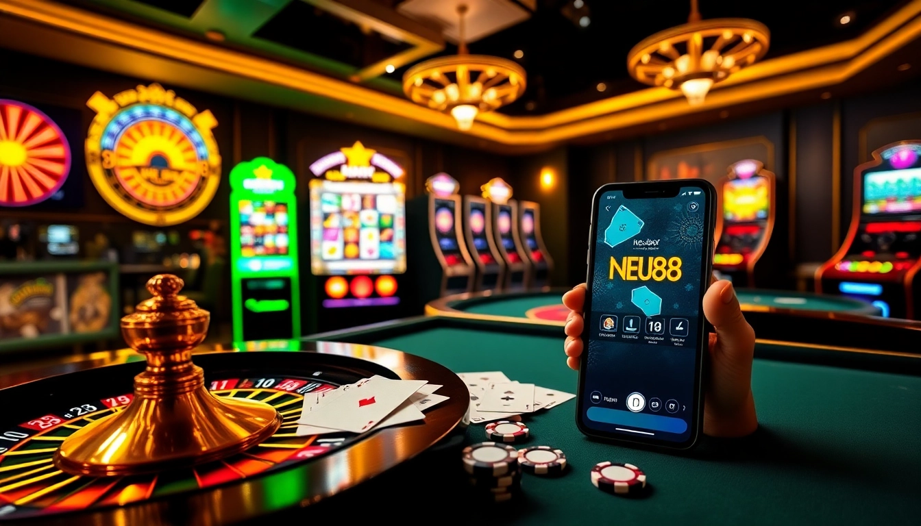 Experience the excitement of NEU88 with a luxurious virtual casino scene showcasing roulette, poker tables, and slot machines.