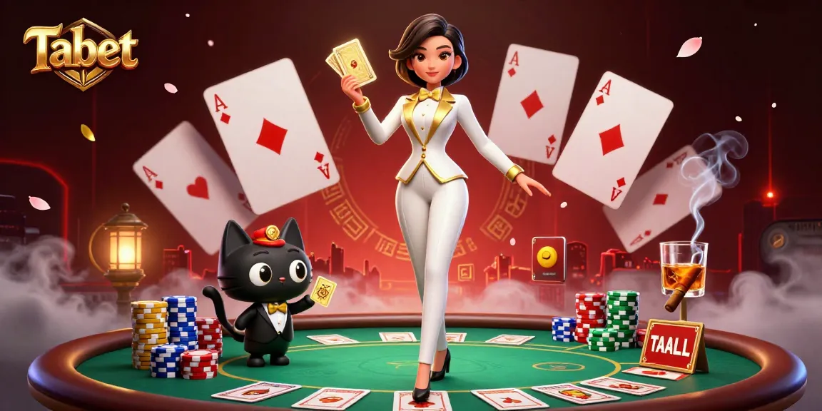 Tabet casino scene featuring a glamorous dealer shuffling cards, surrounded by vibrant poker elements.