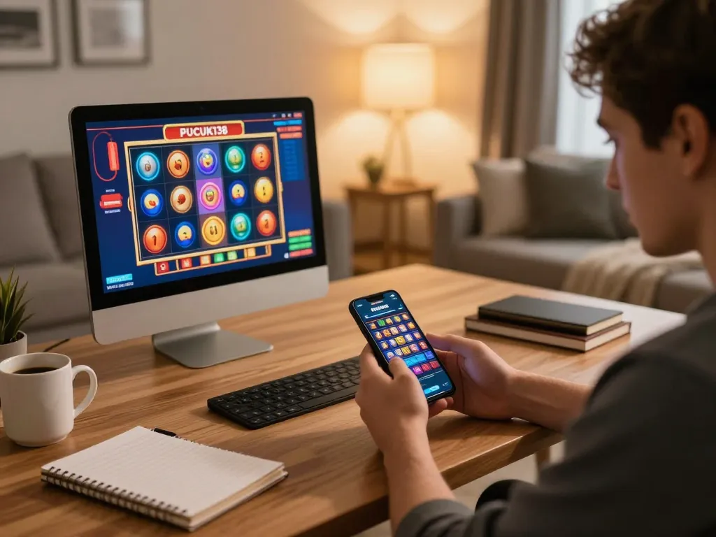 Player engaging with the PUCUK138 app on smartphone in a cozy home setting
