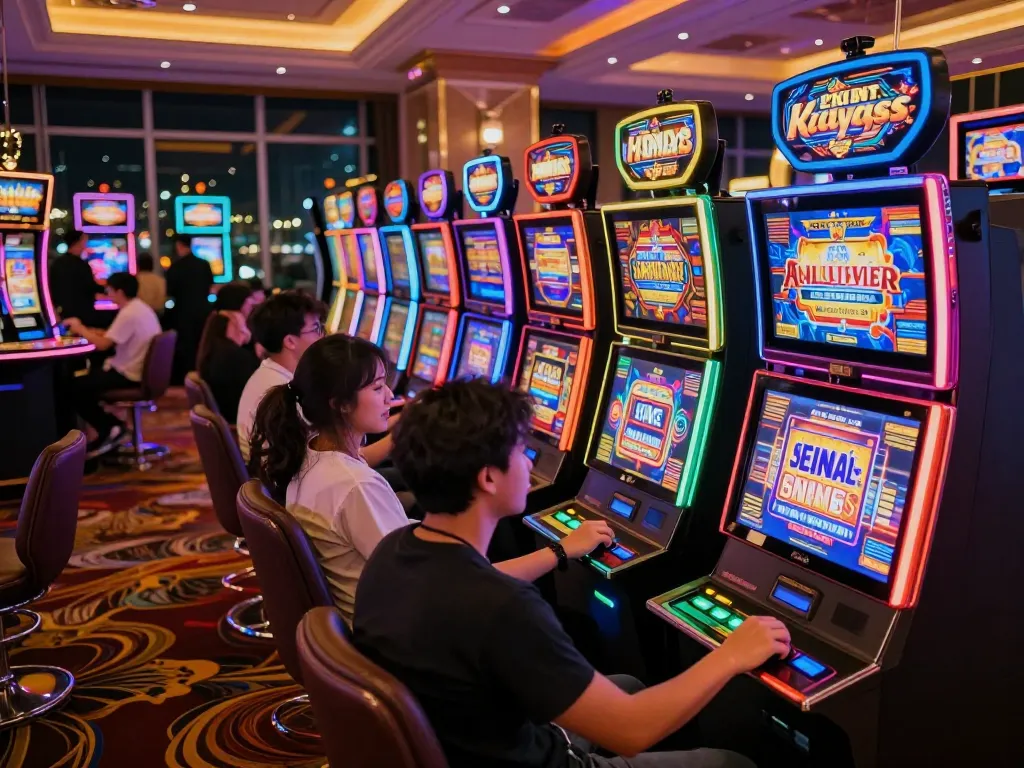 Players enjoying a thrilling Slot Malaysia experience at a vibrant casino slot machine area.