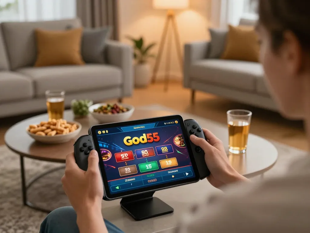 Person engaging in online gaming on the God55 app, showcasing strategic betting in a cozy atmosphere