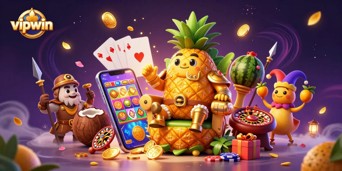 Experience thrilling action with vipwin in this vibrant 3D casino scene featuring a golden pineapple king and slot games.
