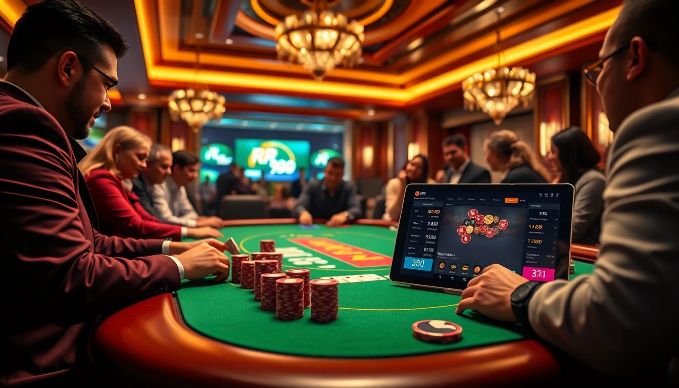 Gamblers enjoying a high-stakes game at RR 99 casino with vibrant chips and cards.