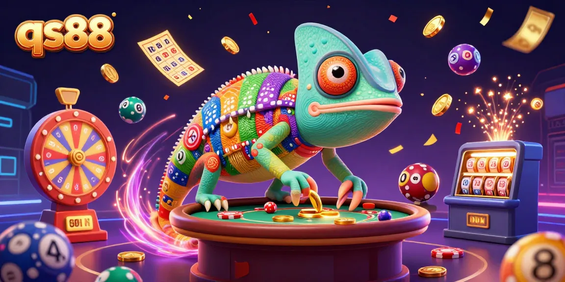 Experience thrilling gameplay at qs88 with a vibrant chameleon casino owner capturing golden coins amid colorful lottery elements.
