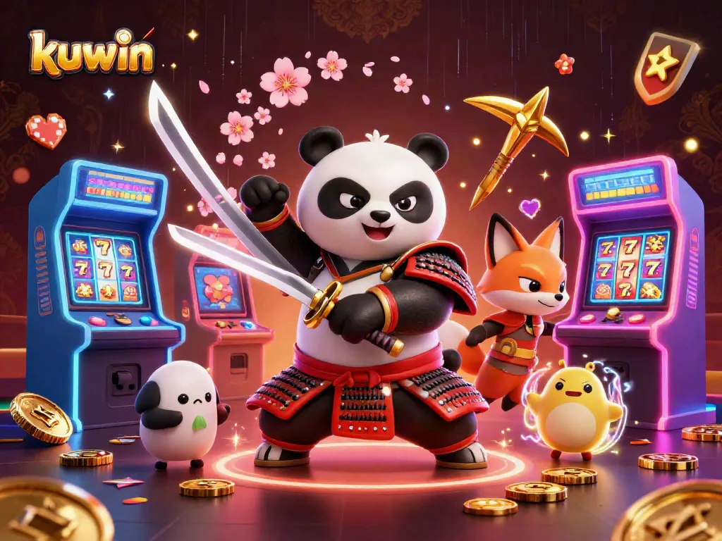 Kuwin's dynamic 3D illustration depicts a samurai panda and ninja fox in a vibrant casino scene.