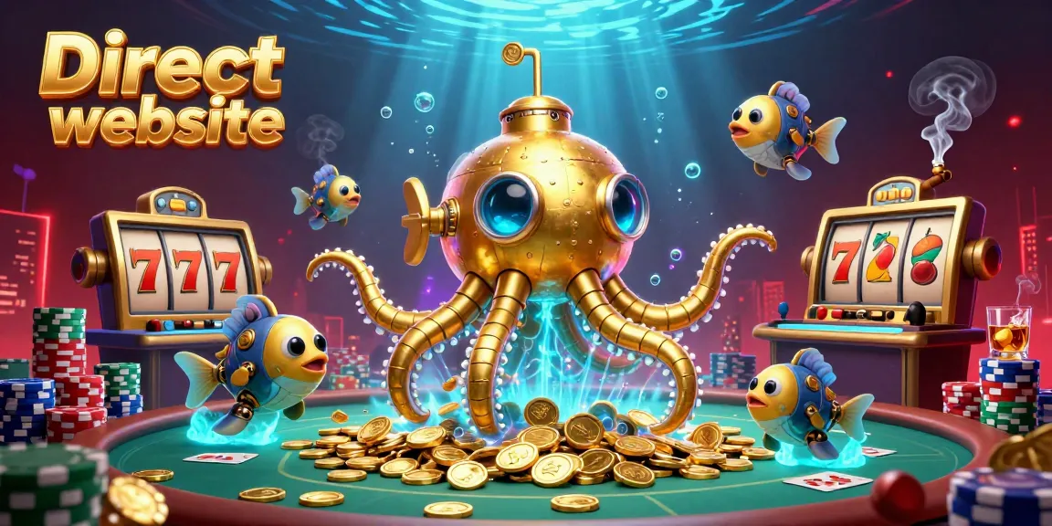 Engage with the vibrant action of the Direct website featuring a kraken submarine amidst golden coins and slot machines.