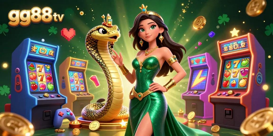 Engage in captivating slots at gg88 tv with a glamorous woman and golden cobra in a dynamic casino scene.