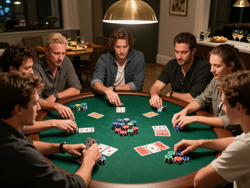 Players enjoy a thrilling poker game at home, showcasing camaraderie and strategy with BJ88.