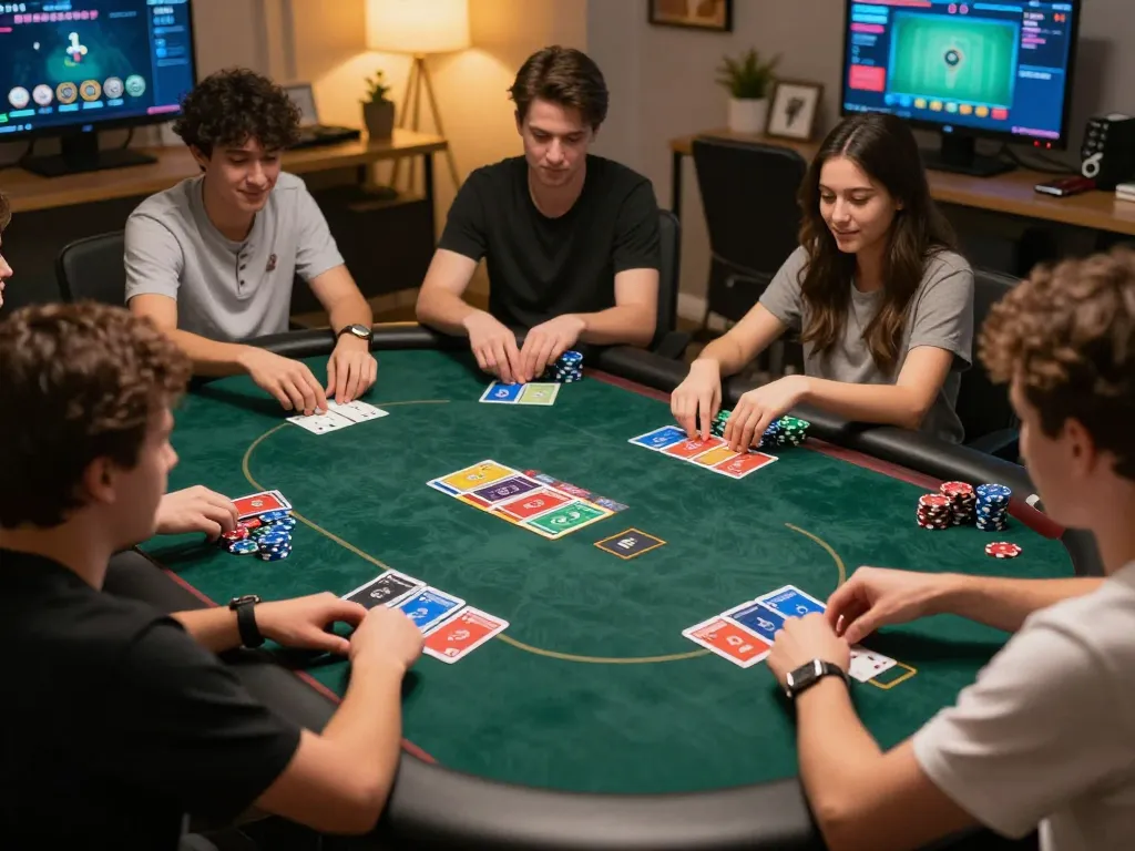 Players engaging in an exciting online poker game at 888top in a cozy home environment