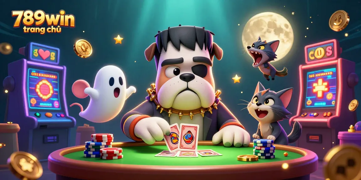 Join the fun at 789win trang chủ with a spooky casino scene showcasing card games and thrilling elements.