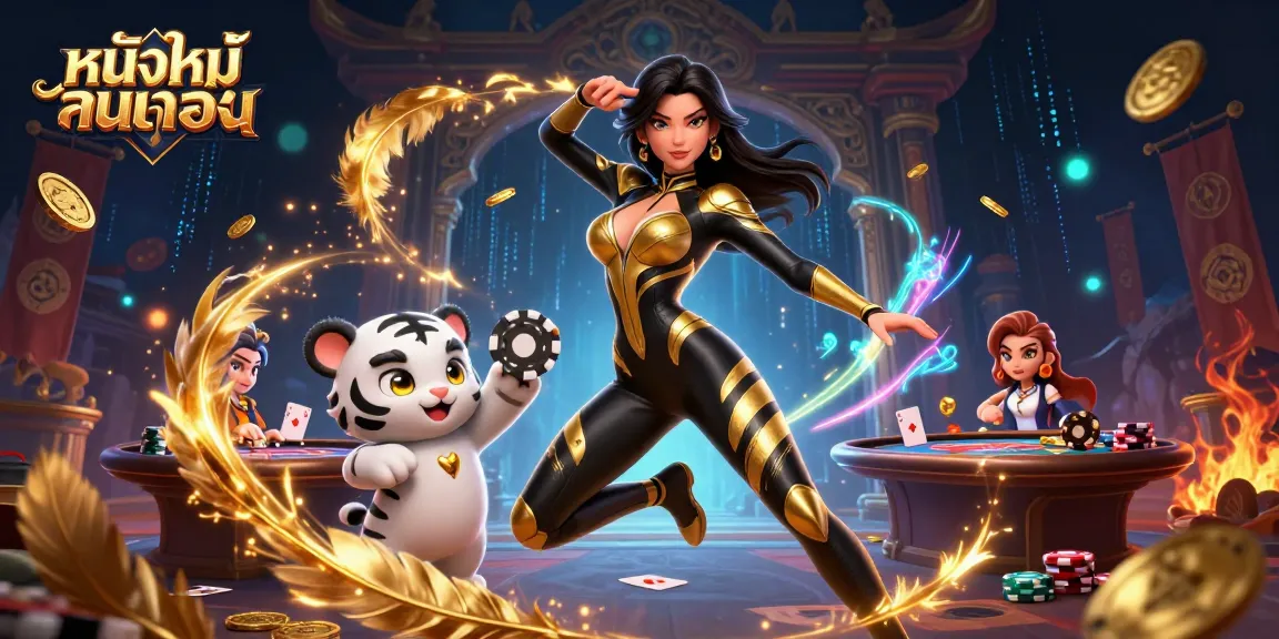 Play thrilling poker with หนังใหม่ชนโรง in a vibrant casino atmosphere featuring dynamic characters and rich details.