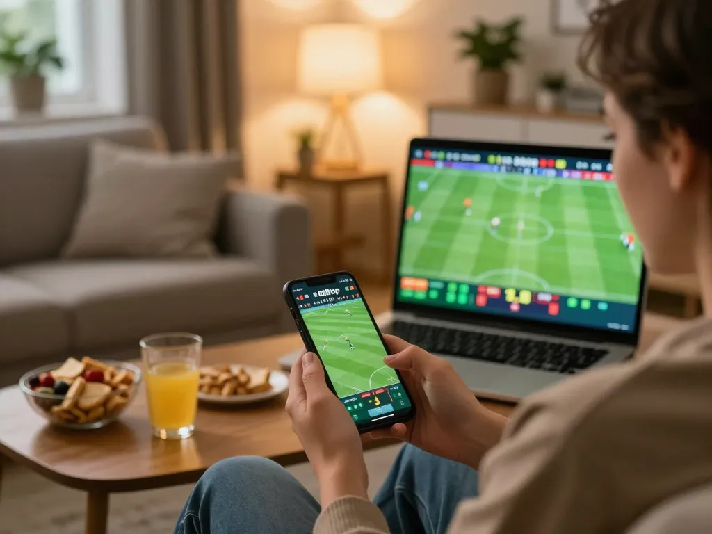 Person enjoying sports betting on smartphone while relaxing at home with 888top's app.