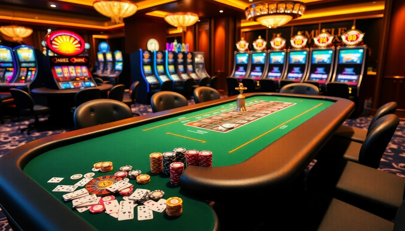 Players engaged in thrilling card games at the MB66 casino table, showcasing vibrant poker chips and a roulette wheel.